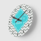 Elegant, trendy, modern grey, aqua blue chevron runde wanduhr (Winkel)