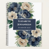 Elegant Trendy Navy Blue & Cream Floral Watercolor Planer (Vorderseite)