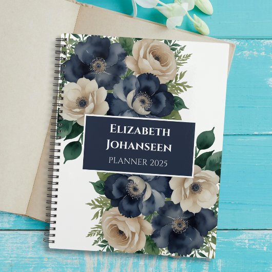 Elegant Trendy Navy Blue & Cream Floral Watercolor Planer