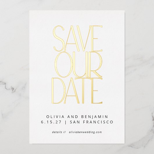 Elegant Trendy White und Gold Save the Date Folieneinladung (Vorderseite)