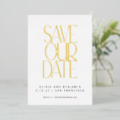 Elegant Trendy White und Gold Save the Date Folieneinladung (Stehend vorne)