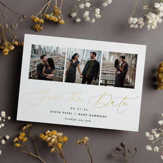 Elegant Trio | Multi Foto Save the Date Gold Folieneinladung