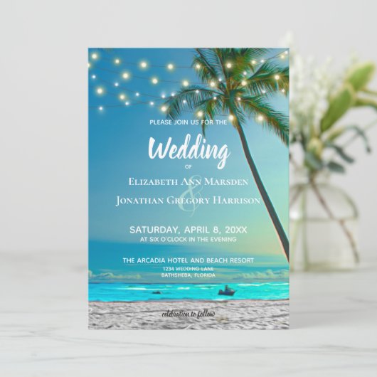 Elegant Tropical Beach String Lights Palms Ombre Einladung (Stehend Vorderseite)