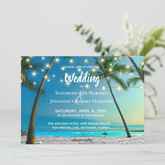 Elegant Tropical Beach String Lights Palms Ombre Einladung (Stehend Vorderseite)