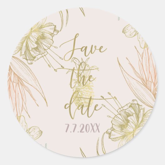 Elegant Tropical Botanical Floral Save the Date Runder Aufkleber (Vorderseite)