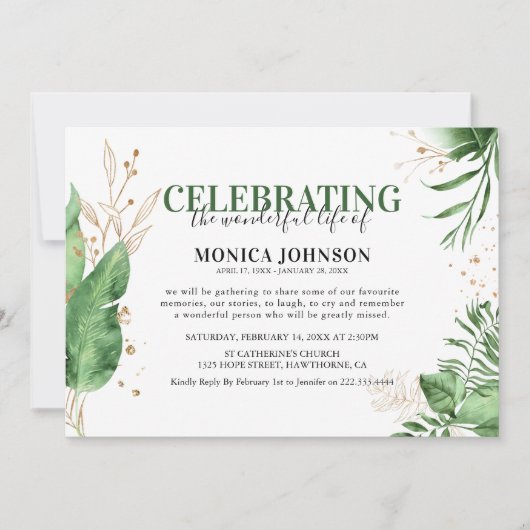 Elegant Tropical Botanical Greenery & Gold Beerdig Einladung (Vorderseite)