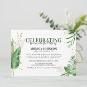 Elegant Tropical Botanical Greenery & Gold Beerdig Einladung (Stehend Vorderseite)