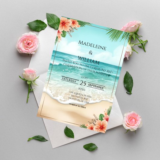 Elegant Tropical Coastal Hawaiian Beach Wedding Einladung