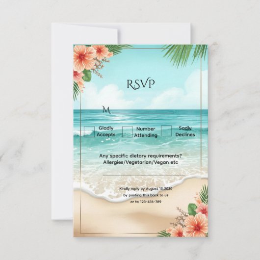 Elegant Tropical Coastal Hawaiian Beach Wedding RSVP Karte (Vorderseite)