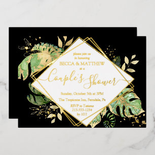 Elegant Tropical Couple's Shower Black & Gold Folieneinladung