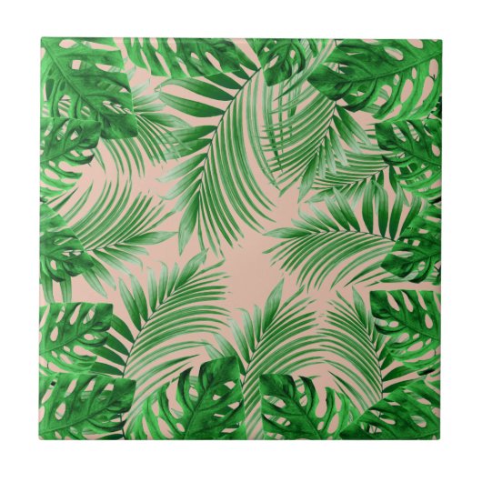 Elegant Tropical green palm leaves pattern pink ba Fliese (Vorderseite)