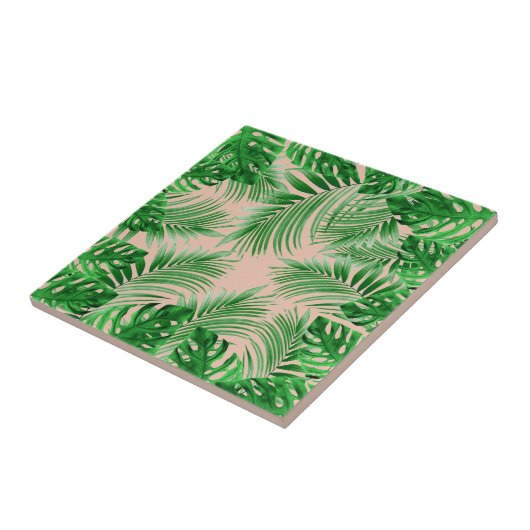Elegant Tropical green palm leaves pattern pink ba Fliese (Seite)