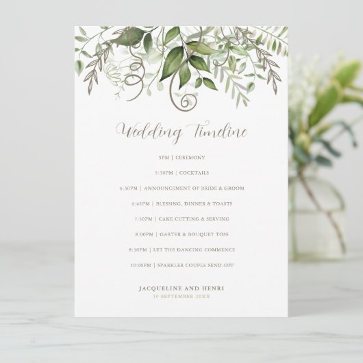 Elegant Tropical Greenerenerity Wedding Timeline Programm (Stehend Vorderseite)
