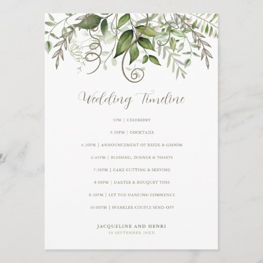 Elegant Tropical Greenerenerity Wedding Timeline Programm (Vorderseite)
