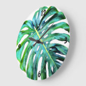 Elegant Tropical Hawaii Monstera Leaf Foto Große Wanduhr (Winkel)