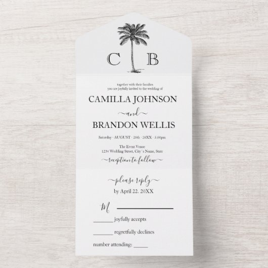Elegant Tropical Palm Monograms Wedding All In One Einladung (Innen Boden)