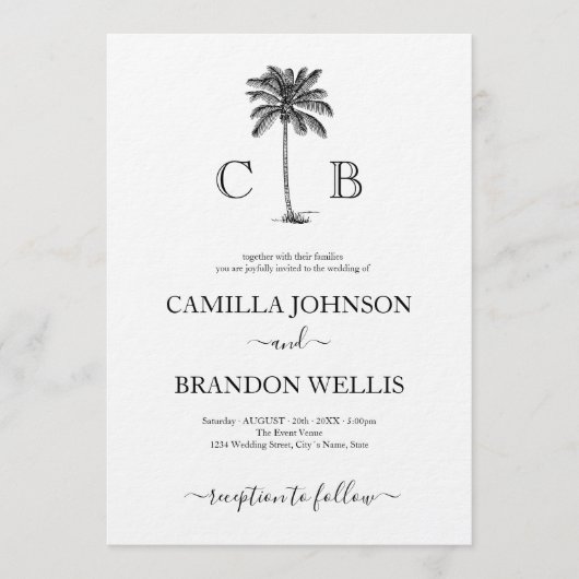 Elegant Tropical Palm Monograms Wedding Einladung (Vorderseite)