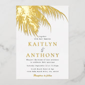 Elegant Tropical Palm Tree Beach Wedding Folieneinladung (Vorderseite)