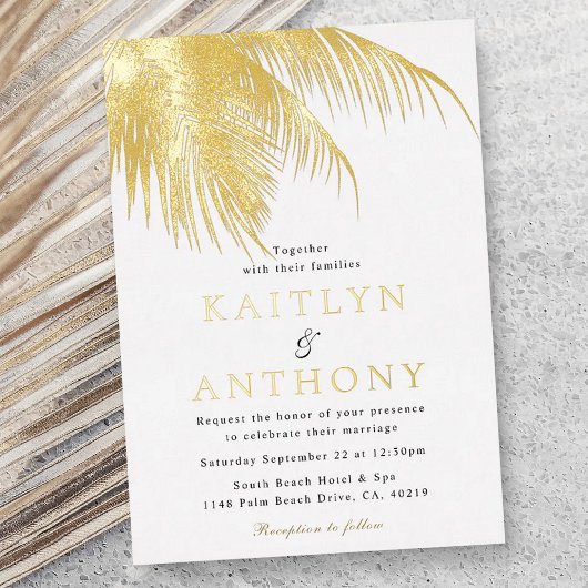 Elegant Tropical Palm Tree Beach Wedding Folieneinladung