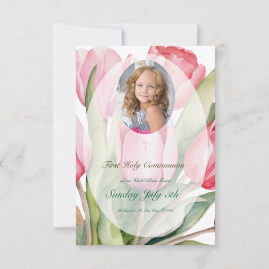 Elegant tulip First Communion RSVP Karte (Vorderseite)