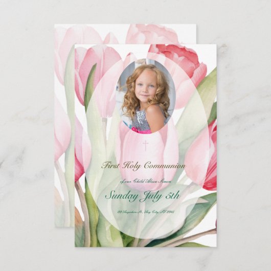Elegant tulip First Communion RSVP Karte (Vorne/Hinten)