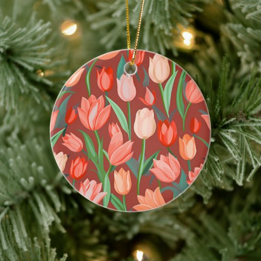 Elegant Tulip Floral Pattern – Red & Peach Spring Keramik Ornament (Baum)
