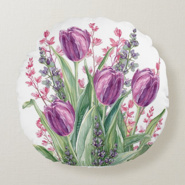 Elegant Tulip Flowers Pattern,Purple Stripes Rundes Kissen (Vorderseite)