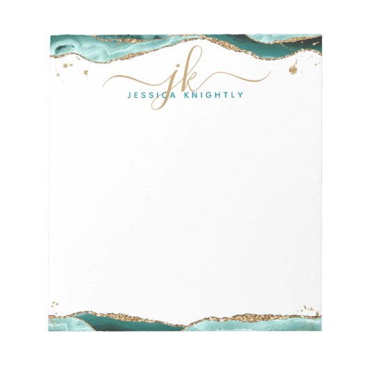 Elegant Türkis Agate Script Monogram Initials Notizblock (Vorderseite)