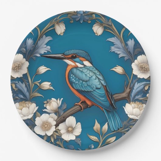 Elegant Türkis Kingfisher Bird Floral Pappteller (Vorderseite)