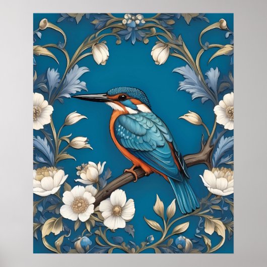 Elegant Türkis Kingfisher Bird Floral Poster (Vorne)
