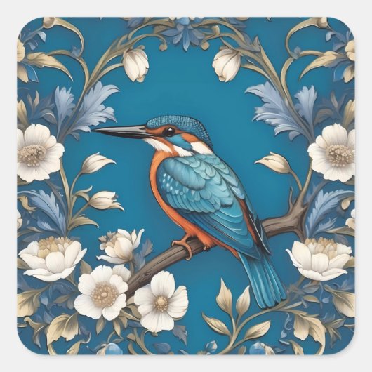 Elegant Türkis Kingfisher Bird Floral Quadratischer Aufkleber (Vorderseite)