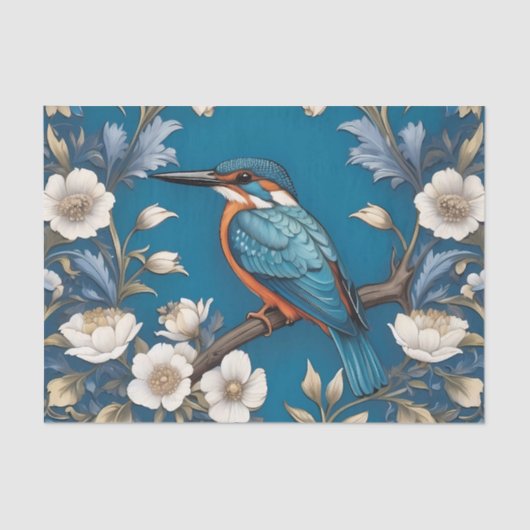 Elegant Türkis Kingfisher Bird Floral Seidenpapier (Vorderseite)