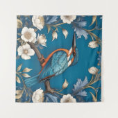 Elegant Türkis Kingfisher Bird Floral Wandteppich (Vorderseite (Horizontal))