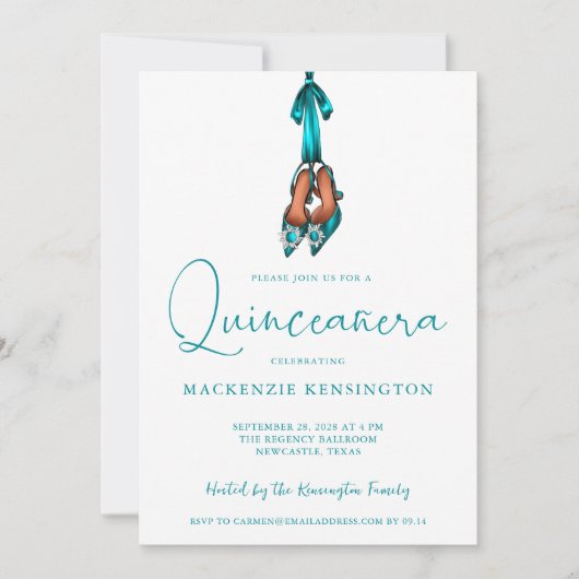 Elegant Türkis Sparkle High Heels Quinceañera Einladung (Vorderseite)