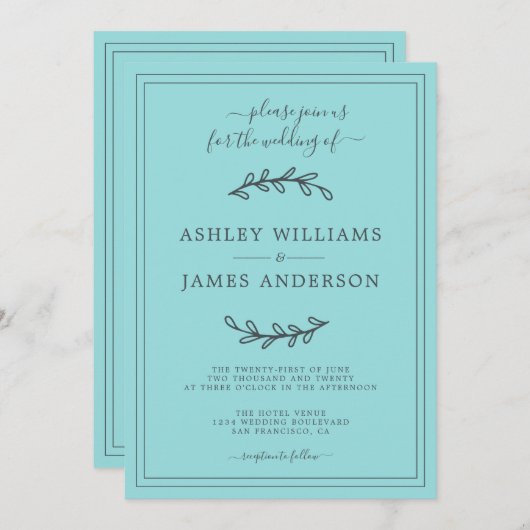 Elegant Türkise Blue Wedding Einladung (Vorne/Hinten)