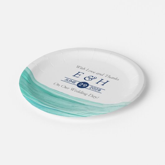 Elegant türkise Tides Beach Wedding Pappteller (Schrägansicht)