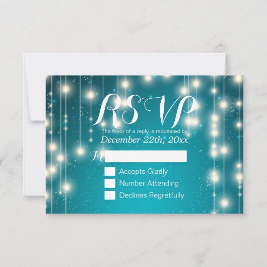 Elegant türkisfarbene String Lights Wedding RSVP A Karte (Vorderseite)