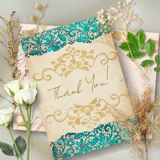 Elegant Turquoise and Gold Vintage Style Wedding Dankeskarte