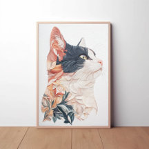 Elegant Tuxedo Cat mit Leaf Motif - Paper Art