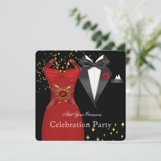 Elegant Tuxedo Red Dress Formal Event Party Einladung (Stehend Vorderseite)