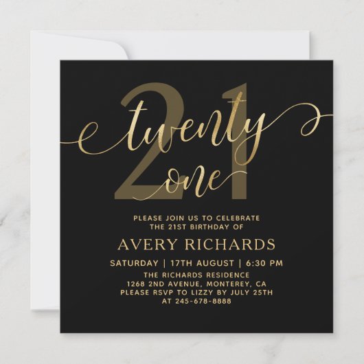 Elegant Twenty One Gold Script Black 21st Birthday Einladung (Vorderseite)