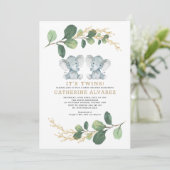 Elegant Twin Elephant Soft Greenerity Baby Shower Einladung (Stehend Vorderseite)
