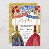 Elegant Twin Quinceañera Einladung Floral Gold (Vorne/Hinten)
