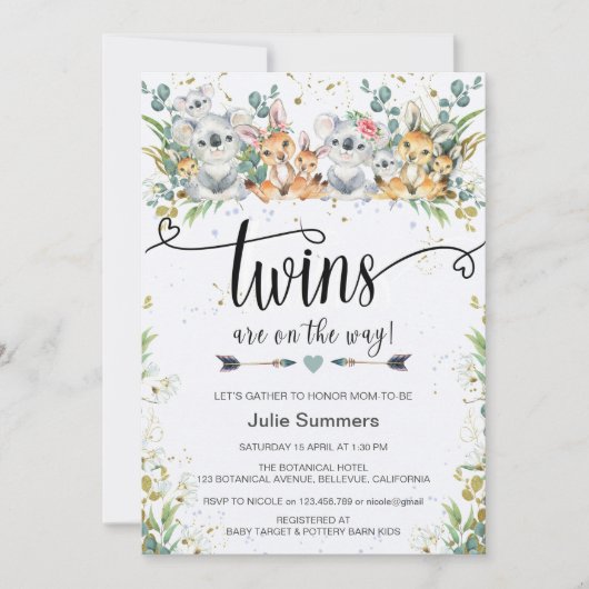 Elegant Twins Koalas Kangaroos Safari Baby Shower Einladung (Vorderseite)
