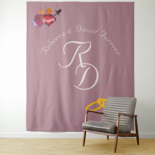 Elegant Two Hearts Catholic Monogrammed Wedding Wandteppich (Beispiel)