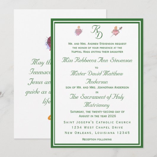 Elegant Two Hearts Catholic Wedding Invitation Einladung (Vorne/Hinten)