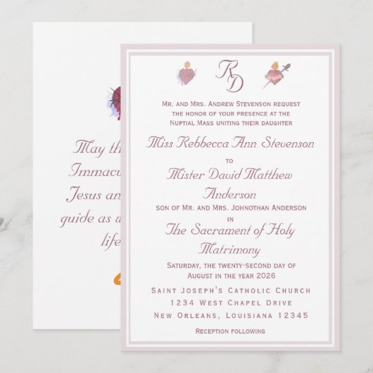 Elegant Two Hearts Catholic Wedding Invitation Einladung (Vorne/Hinten)