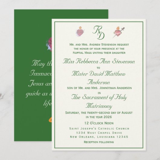 Elegant Two Hearts Catholic Wedding Invitation Einladung (Vorne/Hinten)