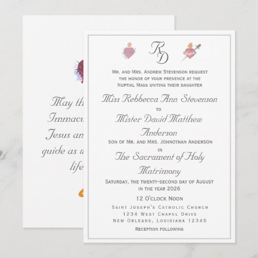 Elegant Two Hearts Catholic Wedding Invitation Einladung (Vorne/Hinten)