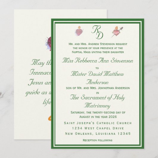 Elegant Two Hearts Catholic Wedding Invitation Einladung (Vorne/Hinten)
